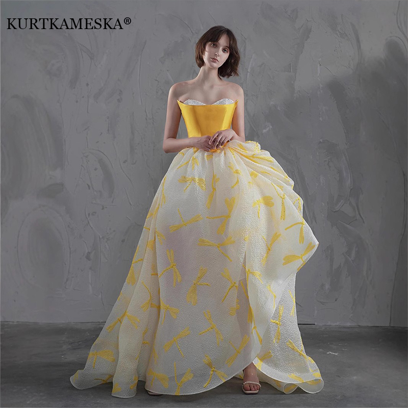 Embroidery Yellow Dress - Elegante gele satijnen topjurken voor bruiloftsgasten