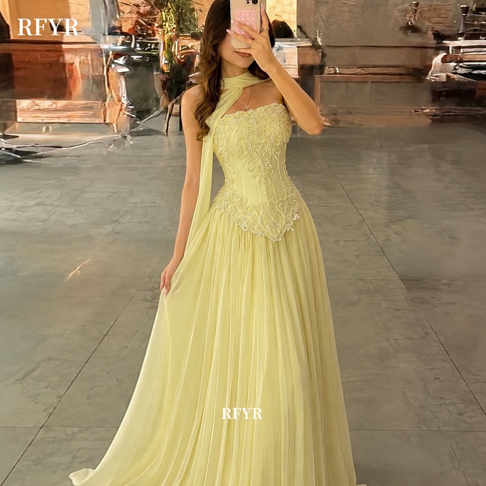 Embroidery Yellow Dress - RFYR gele galajurk met kanten applicaties,