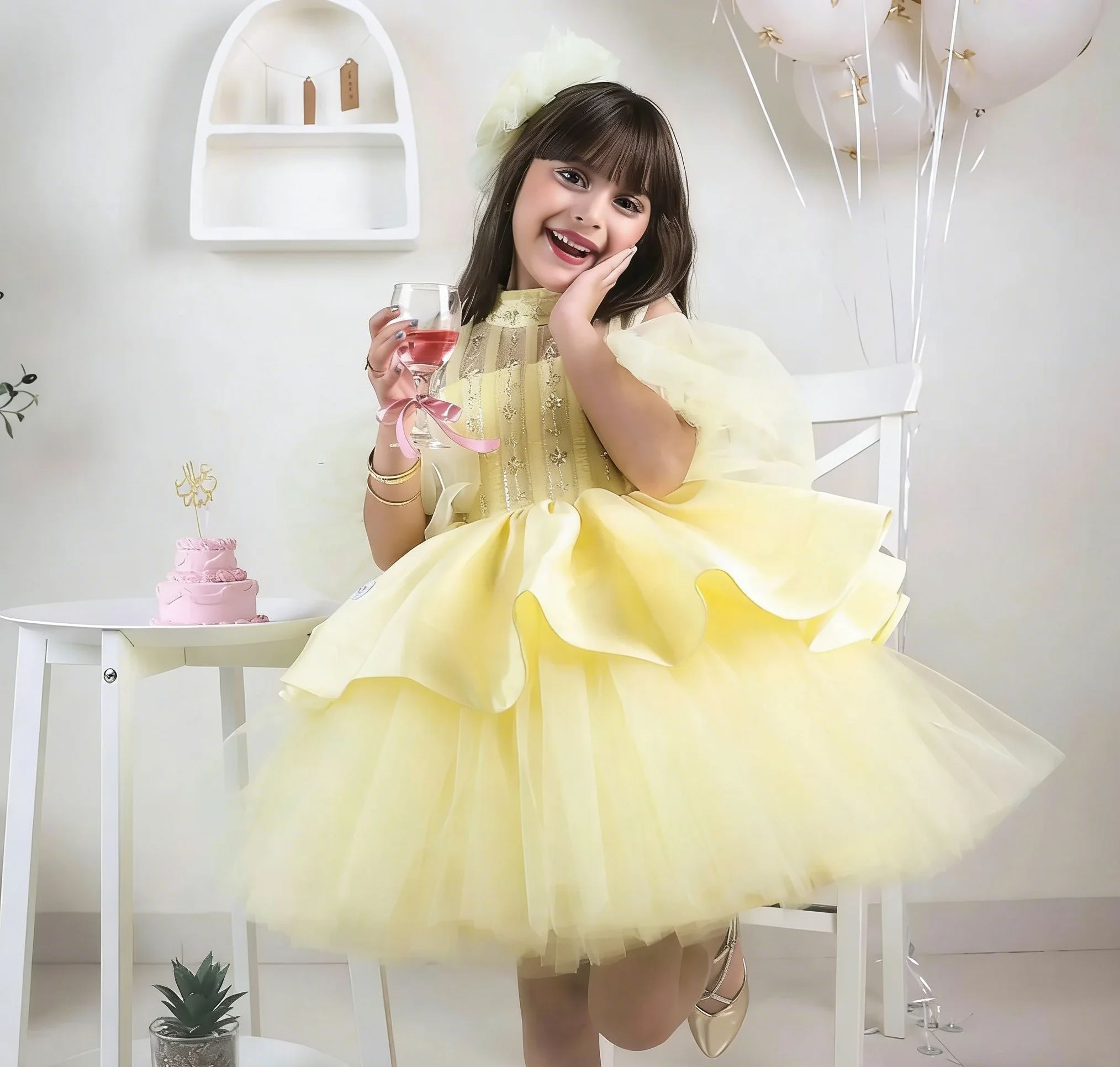 Embroidery Yellow Dress - Gele bloemenmeisjesjurken voor bruiloft met lovertjes