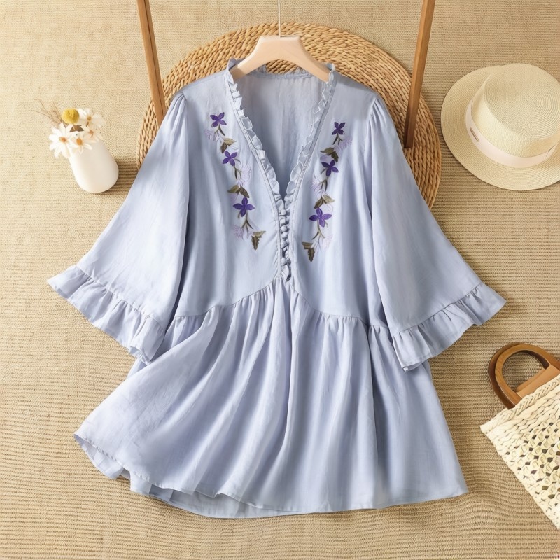 Elegant paars bloemenborduurwe - Embroidery Cotton Shirt recensie en prijs