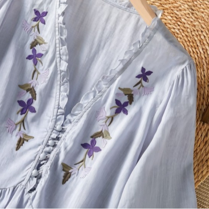 Elegant paars bloemenborduurwe - Embroidery Cotton Shirt recensie en prijs
